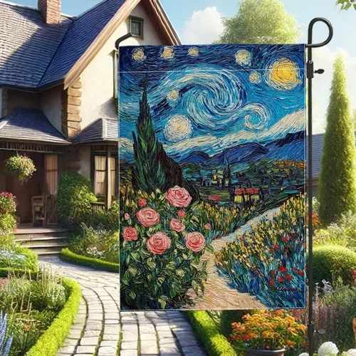 Summer Starry Night Garden Flag, Blue Floral Sky Landscape Yard, 12x18 Inch XXQ