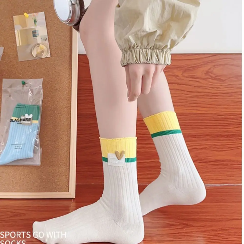 

Sweet Mid-tube Color Matching Double Needle Socks Cotton Soft Casual Socks Kawaii Harajuku Female Hoisery Girls