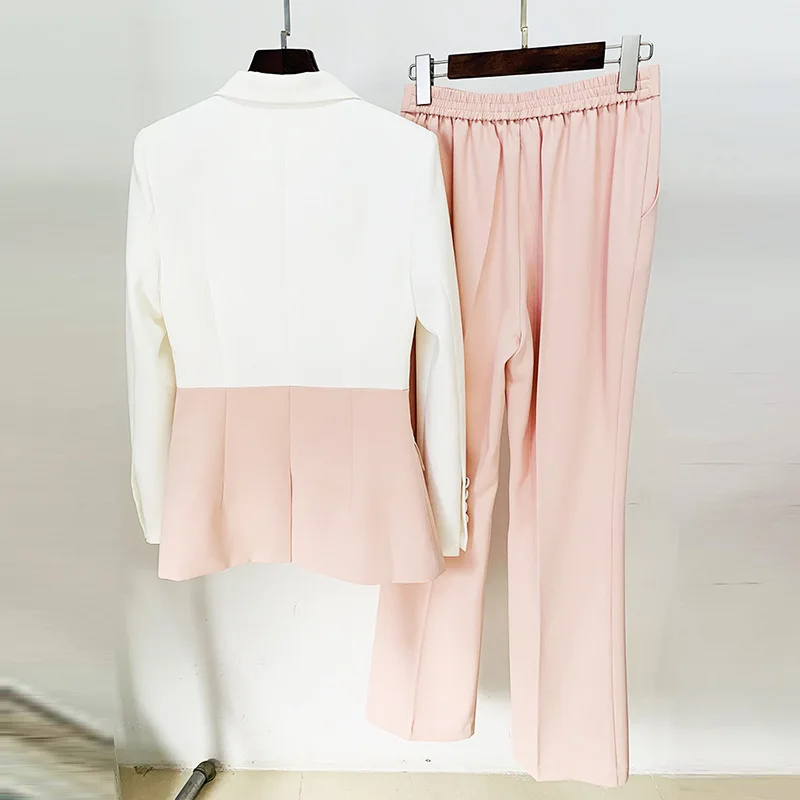 Fall Design Women Street Wear Fashion Tailored Suits Contrast Color Office Lady Quality 2 Pieces Pants Sets