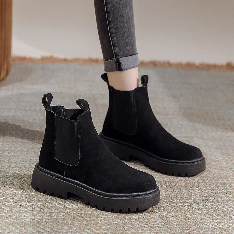 Winter 2023 New Suede Black Women\'s Ankle Boots Platform Shoes Casual Chelsea Boots Fashion Motorcycle Fashion Short Botas Mujer