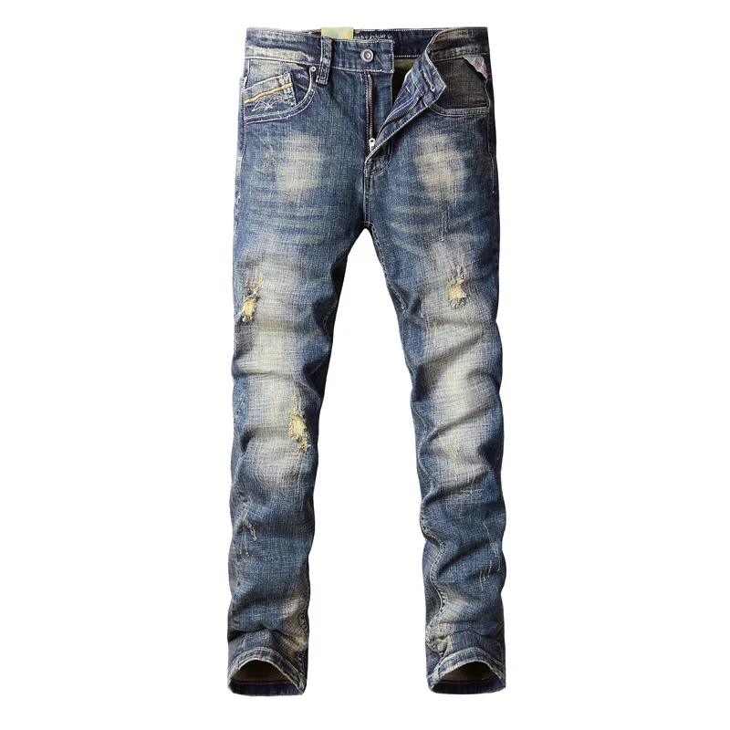 Italian Style Fashion Men Jeans Retro Blue Stretch Slim Ripped Jeans Men Elastic Trousers Vintage Designer Denim Pants Hombre