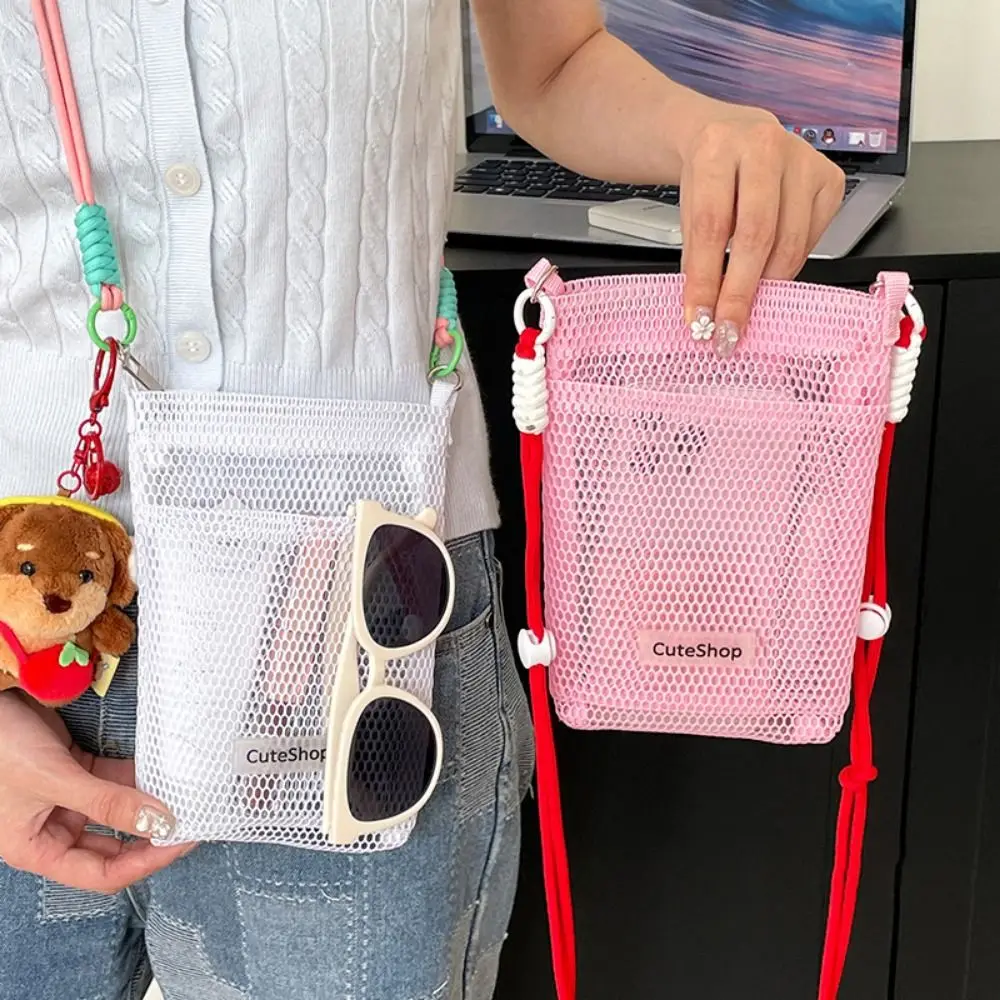 

Casual Sweet Nylon Mesh Bag Hollowed-out Portable Mobile Phone Bag Purse Lightweight Korean Style Shoulder Bag Travel