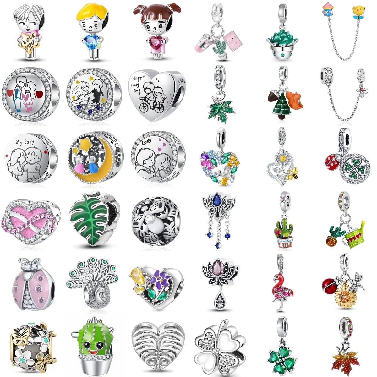 925 Sterling Silver Charm Beads Cute Boy Girl Doll Family Heart Bead Cactus Peacock Flamingo Ladybug DIY Women Jewelry Gift