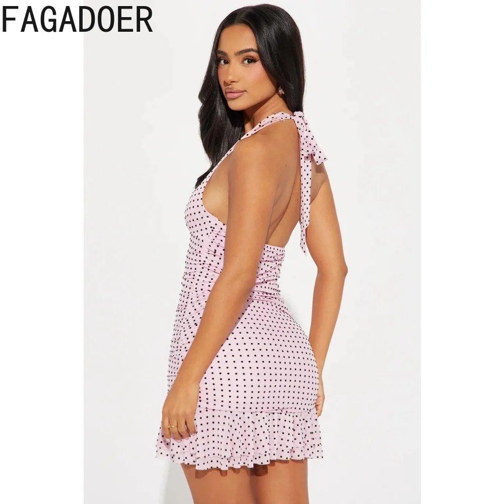 FAGADOER เซ็กซี่ลายจุดพิมพ์บอดี้คอนมินิเดรสผู้หญิงเชือกแขวนคอหลังเปลือยรัฟเฟิลชุดเดรสหญิงสตรีทแวร์เดรส