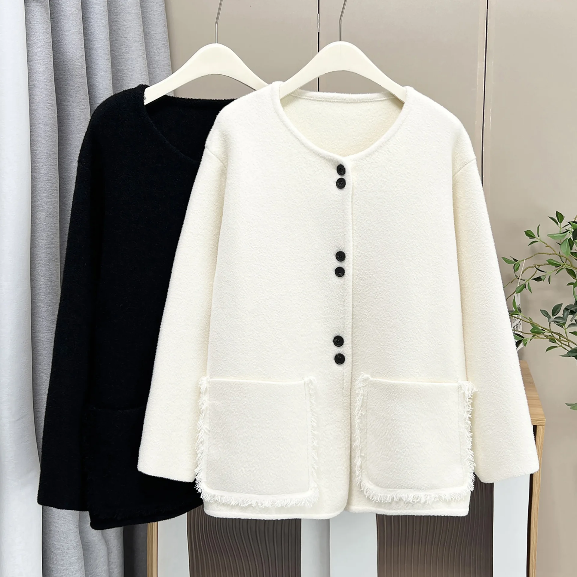 Fashion Plus Size Women's Woolen Coat Korean-style Elegant Pocket Casual Cardigan Overcoat 2520