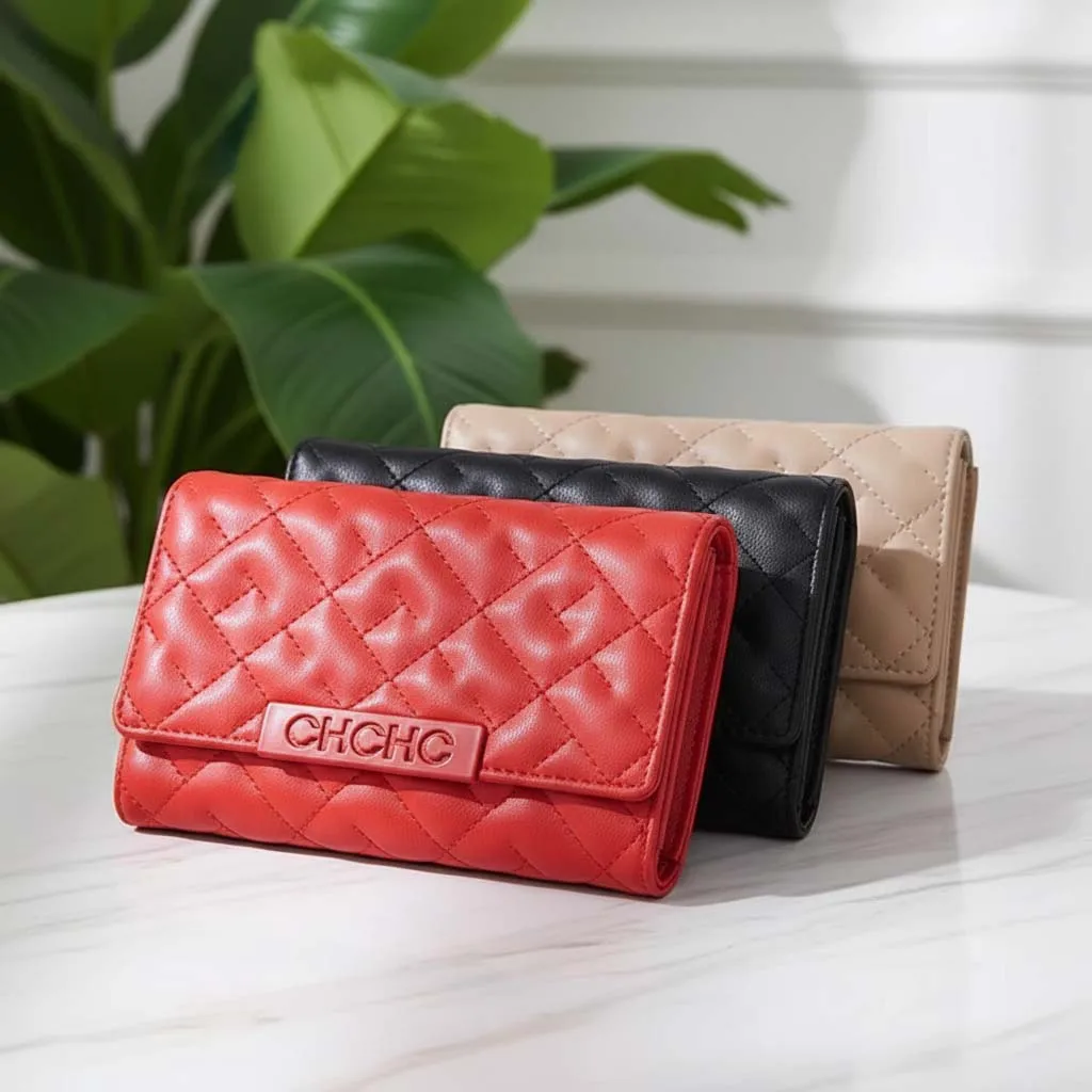 CH Classic Solid Color Quilted Card Holder Daily Travel Bank Card And ID Organizer Simple Versatile Short Wallet