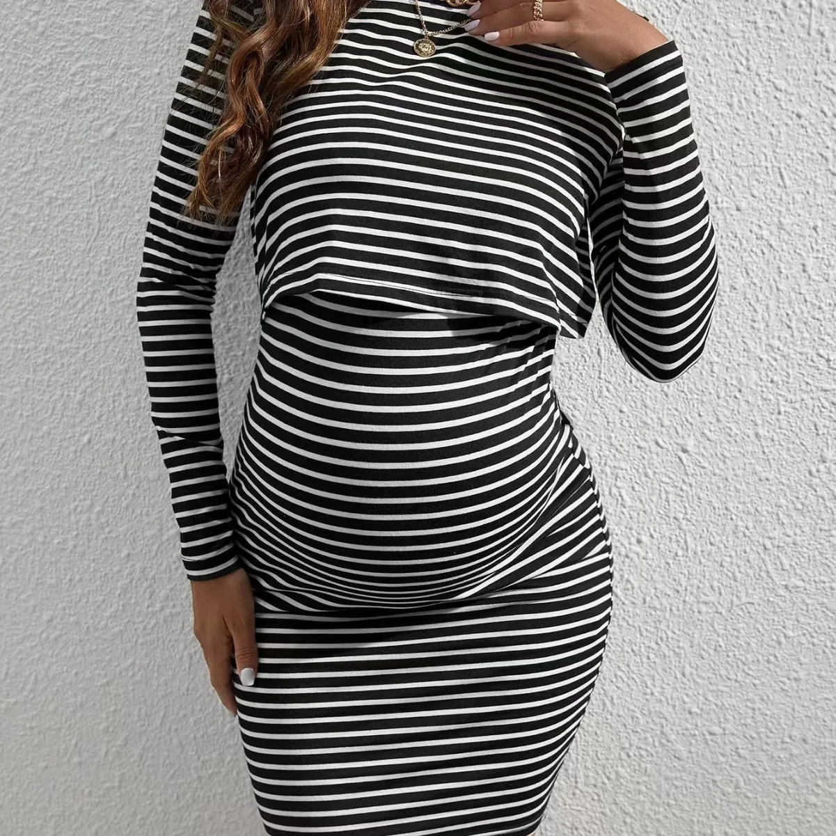 2024 New style Spring and Autumn Round Neck Long Sleeve Striped Maternity Women Dress