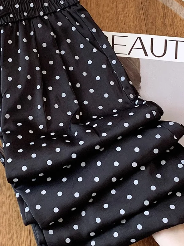 الصيف رقيقة خلات الساتان البولكا نقطة بنطال ذو قصة أرجل واسعة المرأة فضفاضة عالية الخصر ثنى مستقيم بنطلون طويل غير رسمي #4