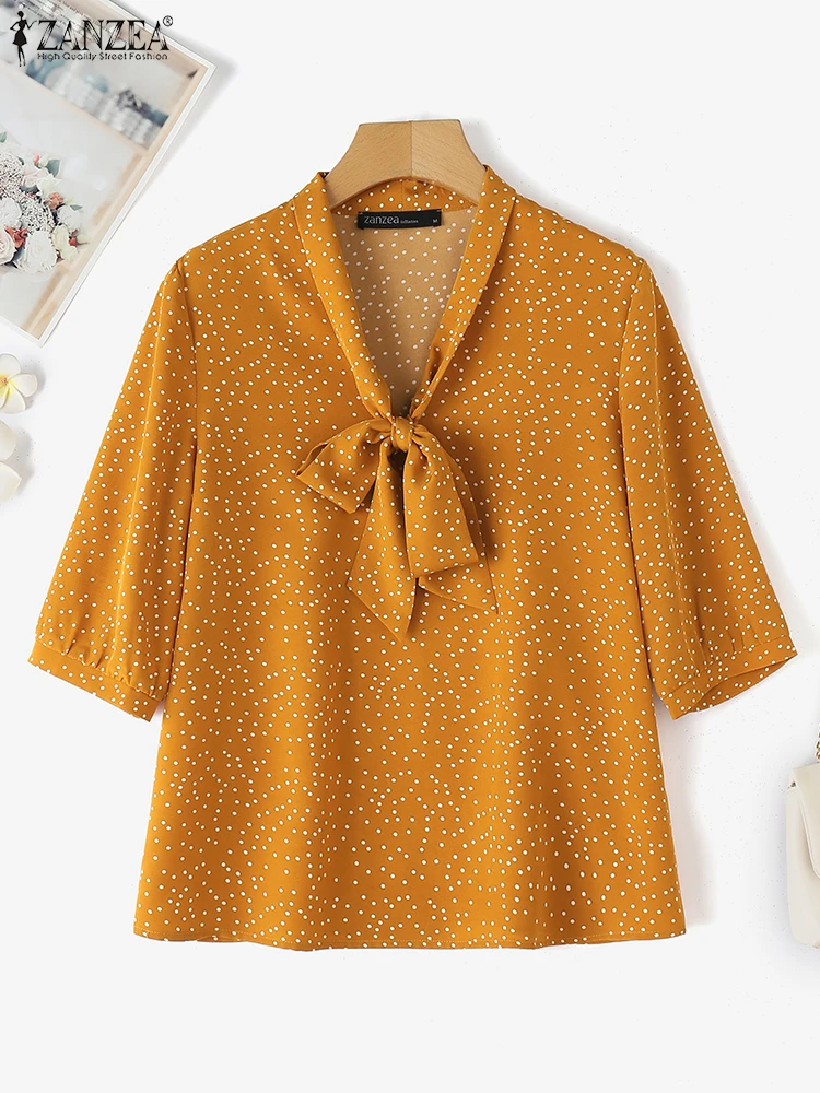 

Women Summer Tops ZANZEA Elegant Blouse Dot Print Bow Streetwear Blusas 3/4 Sleeve Casual Tunic OL Office Fashion Shirts 2025