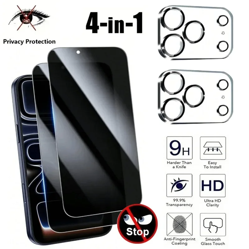 2 Stück Sichtschutzfolien mit 2 Stück Kameraobjektivschutz für iPhone 17 16 15 14 Pro Max 13 12 11 Pro Mini 16e Air XR XS