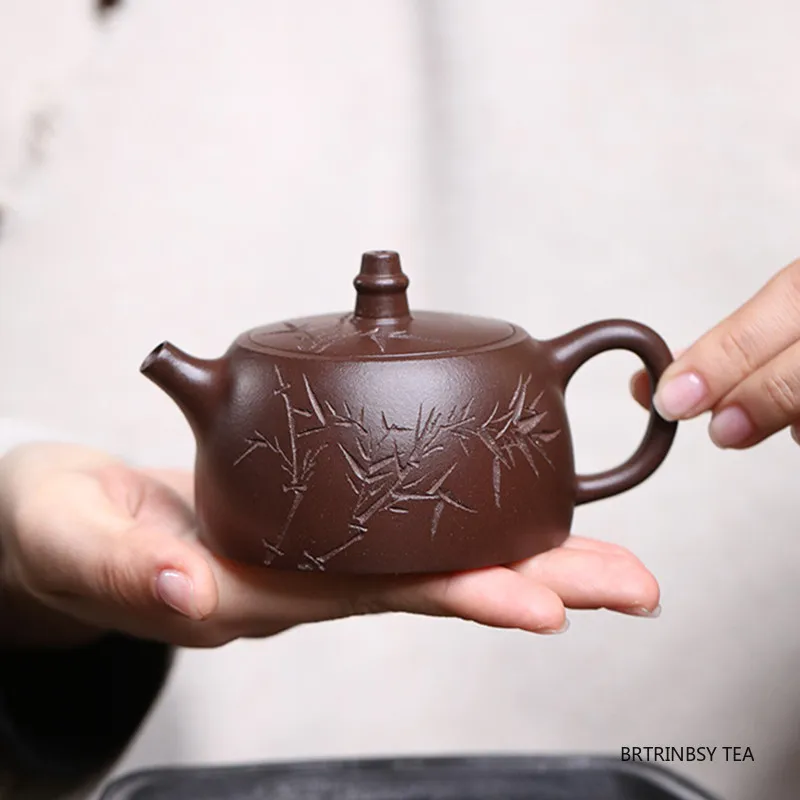 

Chinese Tradition Yixing Purple Clay Teapot Handmade Bamboo Leaf Tea Pot Beauty Tea Infuser Zisha Kettle Household Tea Set 140ml