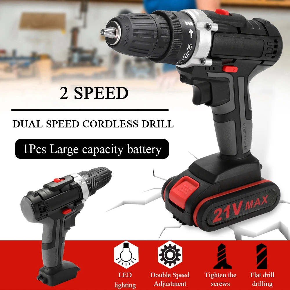 Geevorks 21V Cordless Electric Drill High-power Lithium Battery Wireless Rechargeable Mini Drills Home DIY Electric Power Tools