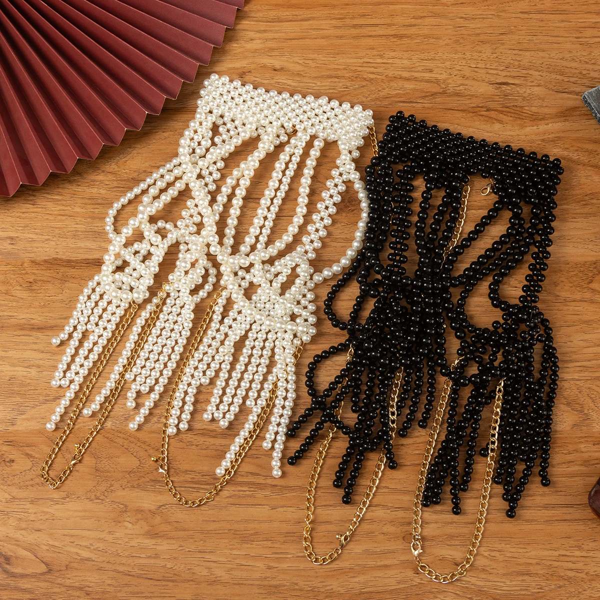 أنيقة الزفاف الكتف سلسلة مجوهرات اليدوية مطرز قلادة كبيرة الجوف تقليد اللؤلؤ الجسم سلسلة الزفاف شال الملحقات #5