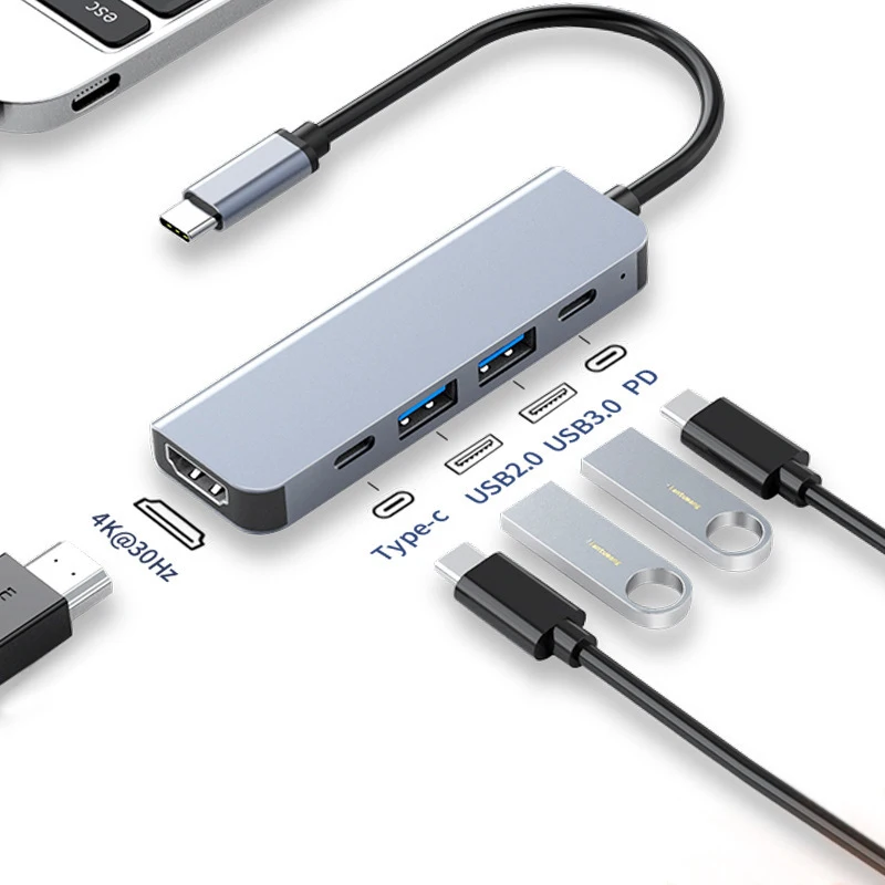 Type C Converter 5 Ports HUB with HDMI 4K@30Hz USB3.0 USB2.0 Type C 2.0 PD Charging Adapter for Apple Huawei Laptop USB Extender