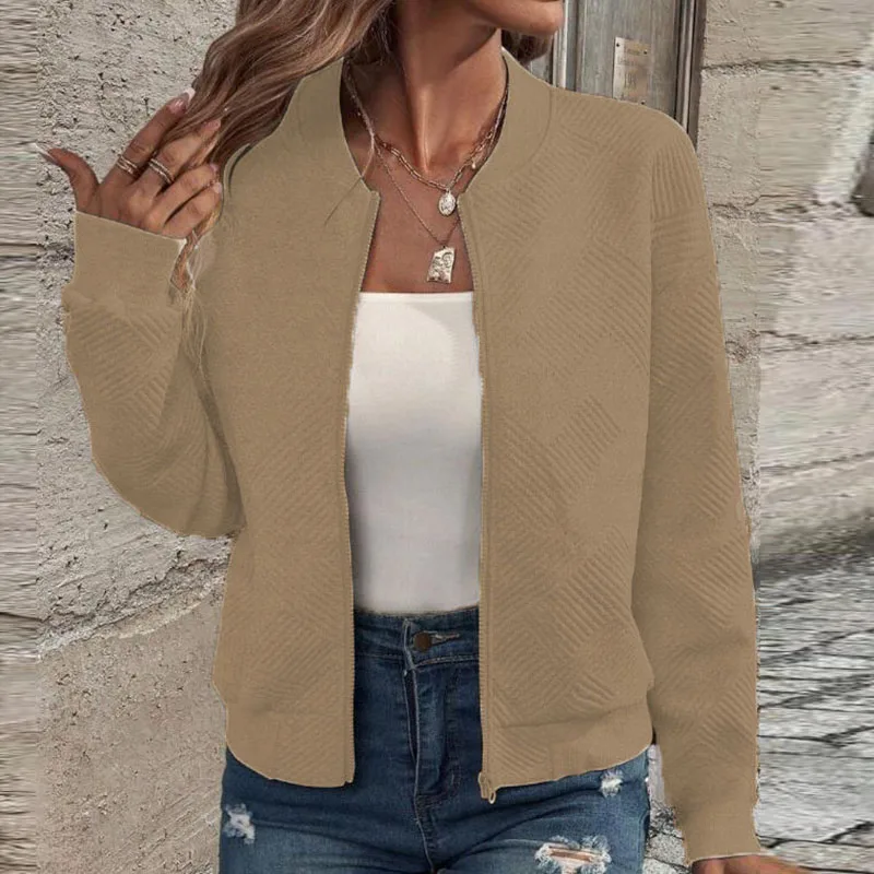 Autumn Winter Simple Solid Color Casual Jackets Female Fashion Stand Collar Zipper Long Sleeves Cardigans Commute Elegant Coats