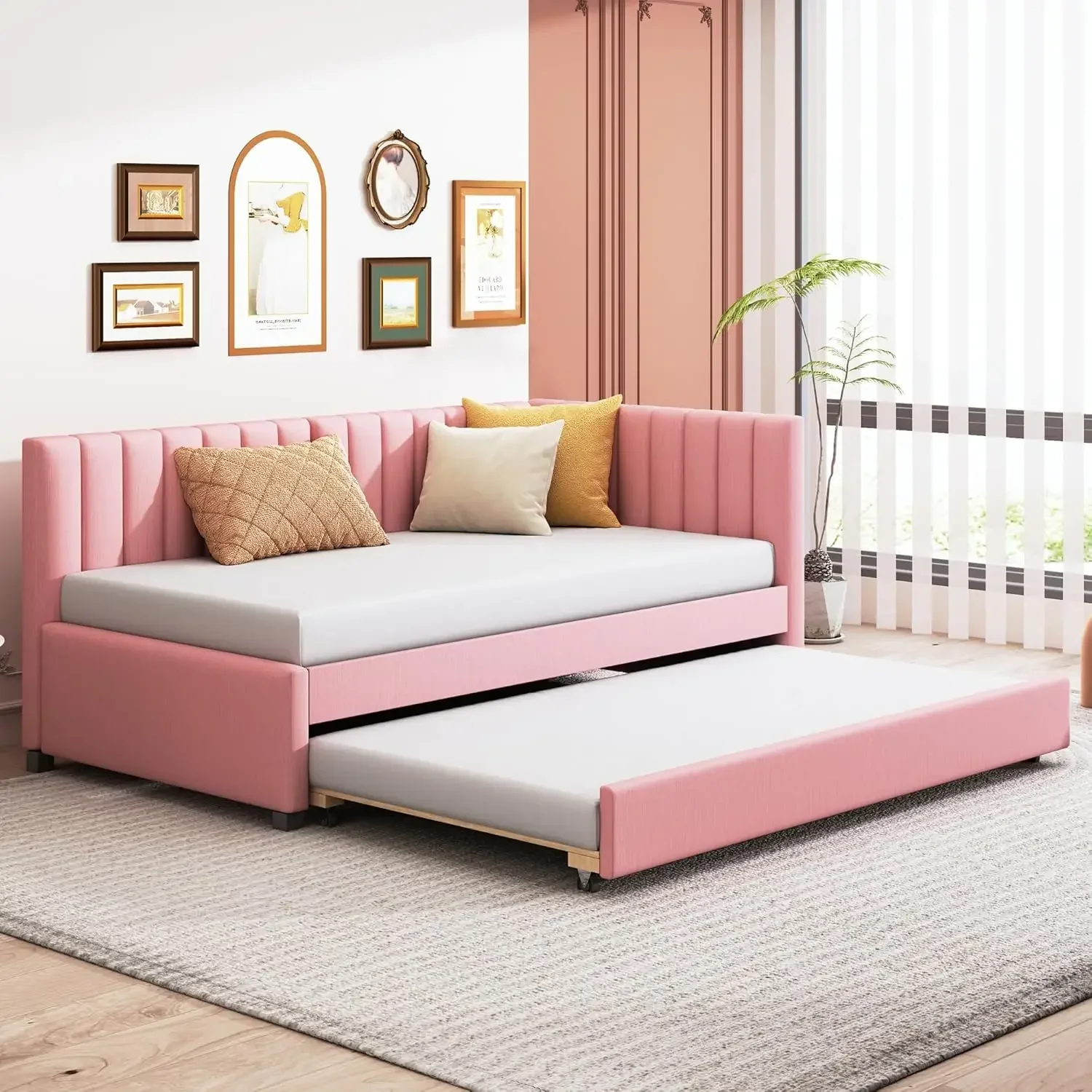 Pink Twin Size Daybed With Trundle Linen Upholstered Sofa Bed Solid Wood Slats Support Wooden Frame For Small Spaces Apartments
