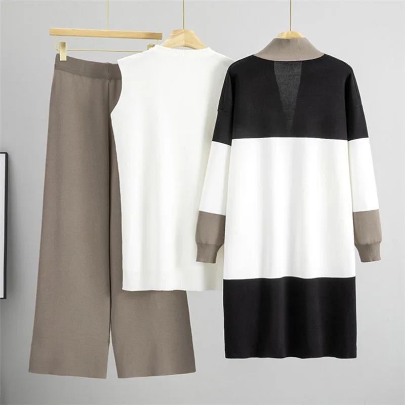 الكورية تصميم محبوك 3 قطعة مجموعات النساء سترة بيضاء + منتصف طول سويتر مقلم سترة Conjuntos عالية الخصر السراويل فضفاضة الزي #6