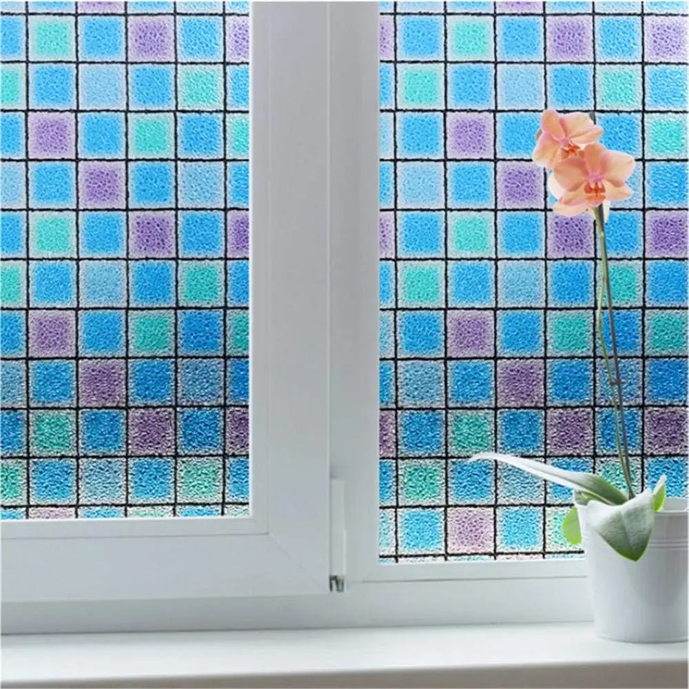 Colored Grid Stained Window Film Frosted Static Cling Privacy Protection UV Block Heat Control Decorative Glass Sticker for Home