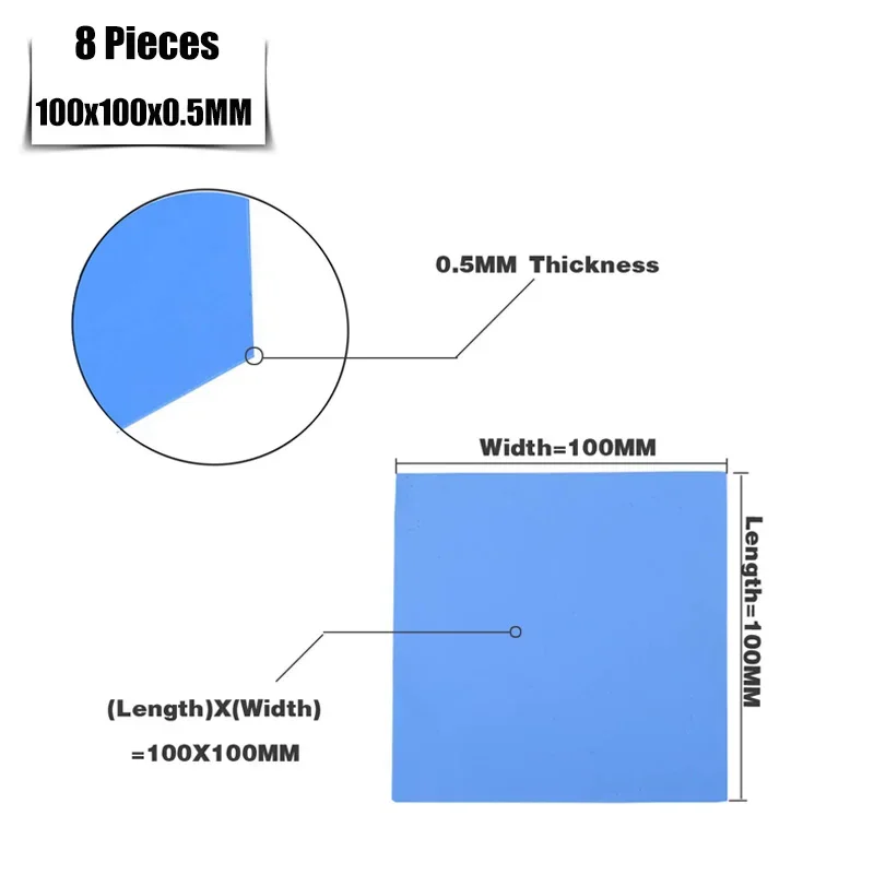 8 stks YOUNUON 100x100x0.5mm 1mm 1.5mm 2mm 2.5mm 3mm 4mm 5mm Blauw Wit Groen Combinatie Thermische Pads Koeling Geleidende Siliconen