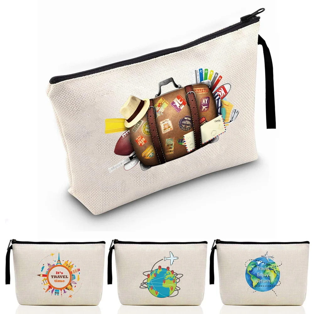 Tragbare Reise-Toilettentasche aus Canvas mit Musterdruck, Modische Damen-Kosmetiktasche mit Reißverschluss, Münzbeutel und Stiftetui