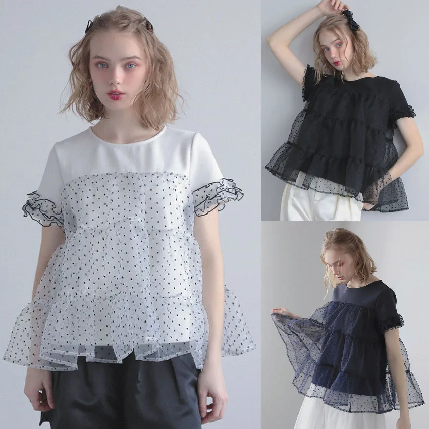 

Cotton Blend Mesh Splice Short Sleeve T-Shirt Women's Youthful Doll Shirt Fake Two-Piece Standard Fit Business Casual Summer ...