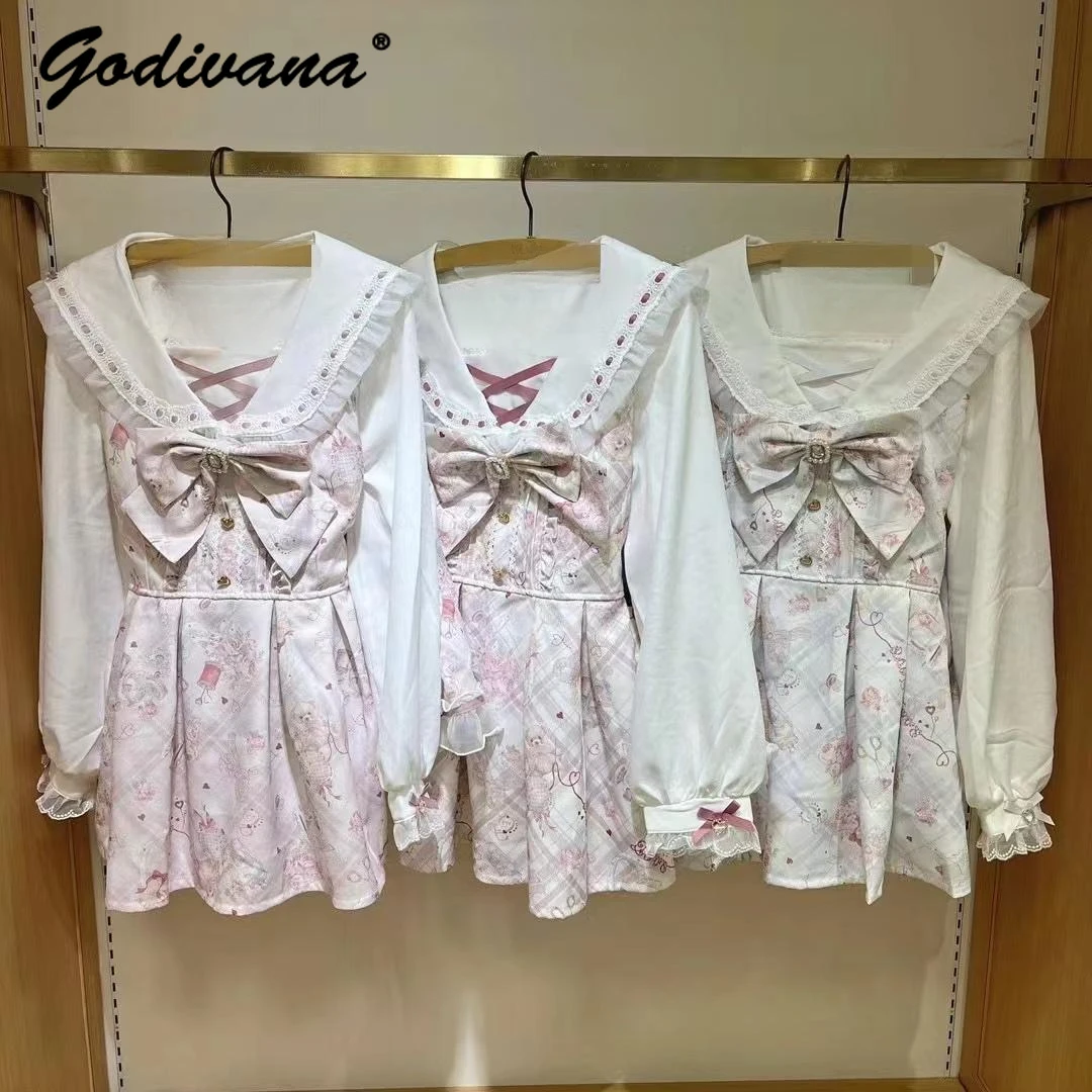 Japanese Style New Perfume Bear Flower Printed Big Bow Lolita Dress and Shorts 2 Piece Set Women\'s Sweet Sailor Collar Outfits