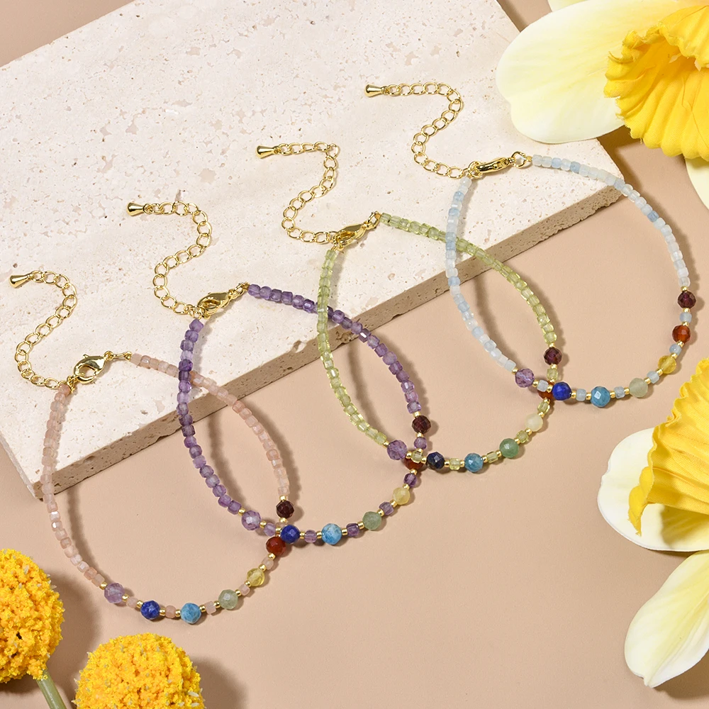 Multicolor Natural Stone Amethyst Black Spinel Faceted Cubes and 7 Chakra Beads Adjustable Bracelets for Women Daily and Gift