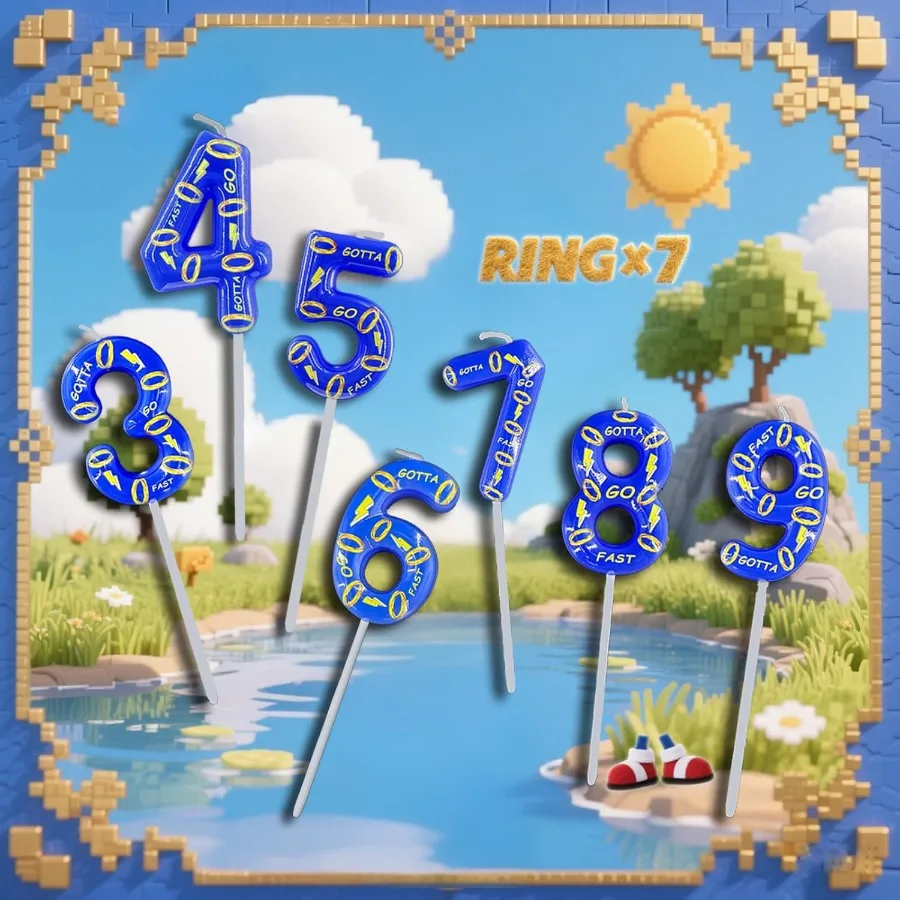 شمعة عيد ميلاد زرقاء رقم 4 مع 7 حلقات ذهبية لون كعكة شخصية كرتونية زرقاء لحفلات أعياد الميلاد للأولاد والبنات والحفلات