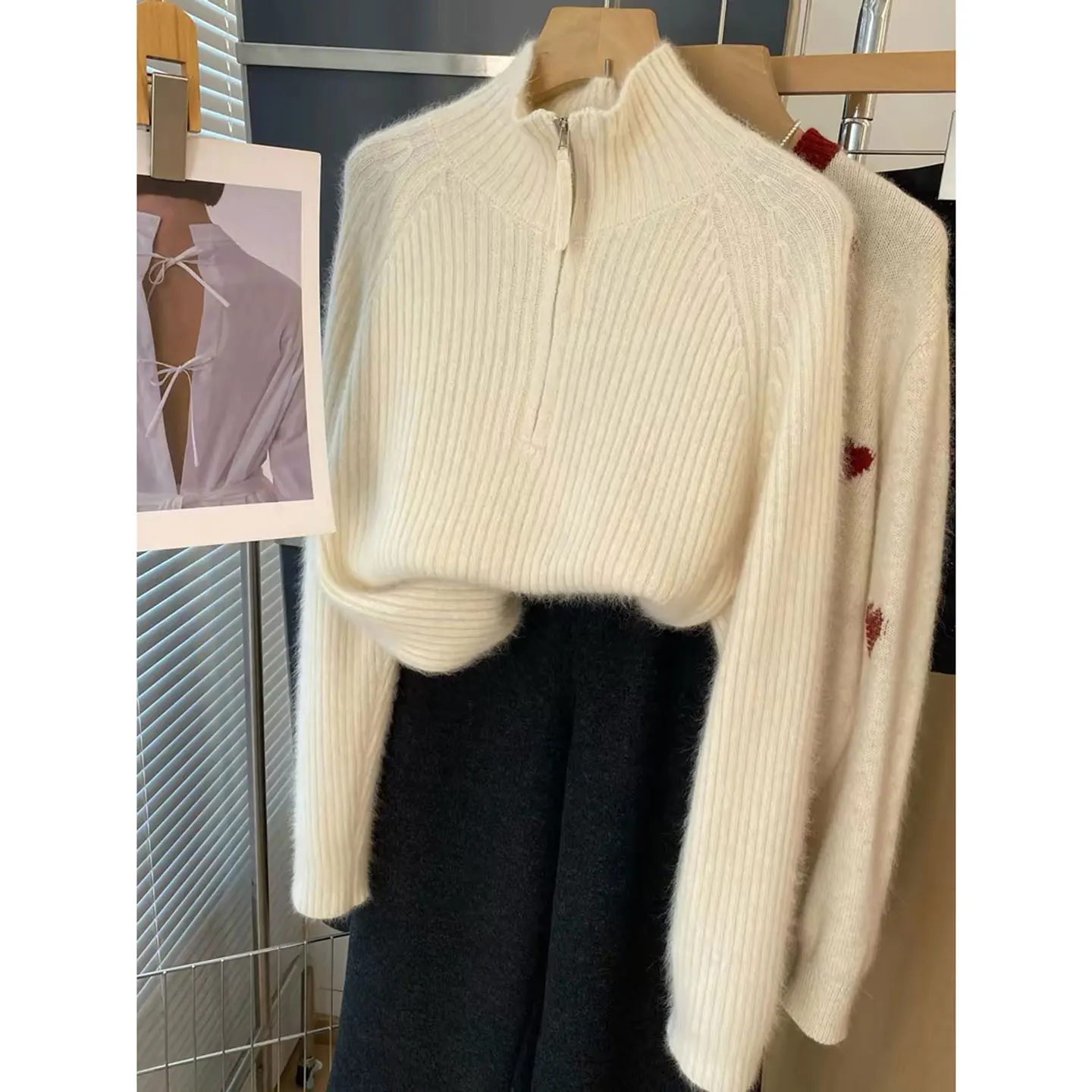 Half zip high neck 100% pure cashmere sweater for women in autumn and winter, pit striped wool knitted sweater