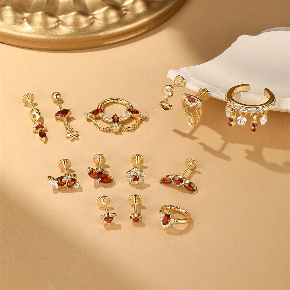 CANNER 1PC 925 Sterling Silver Red Garnet CZ Flat Back Thread Piercing Stud Earring For Women Horse Eye Geometric Flower Earring