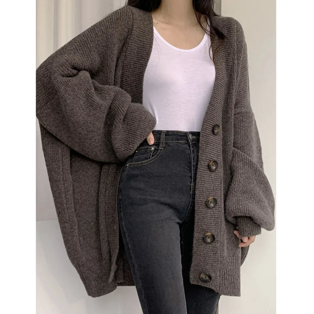 

Повседневный однотонный кардиган, Женский шикарный осенне-зимний Корейский модный однобортный Свободный вязаный свитер с V-образным вырезом и длинными рукавами, пальто
