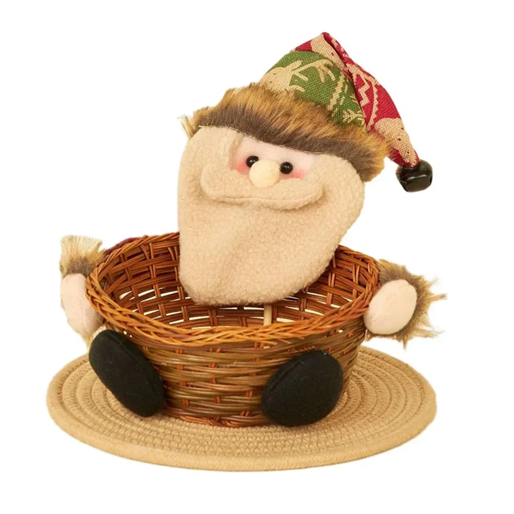 1pc Christmas Candy Basket With Doll Xmas Cloth+Rattan Snack Candy Storage Baskets 17x8cm Home Christmas Decoration