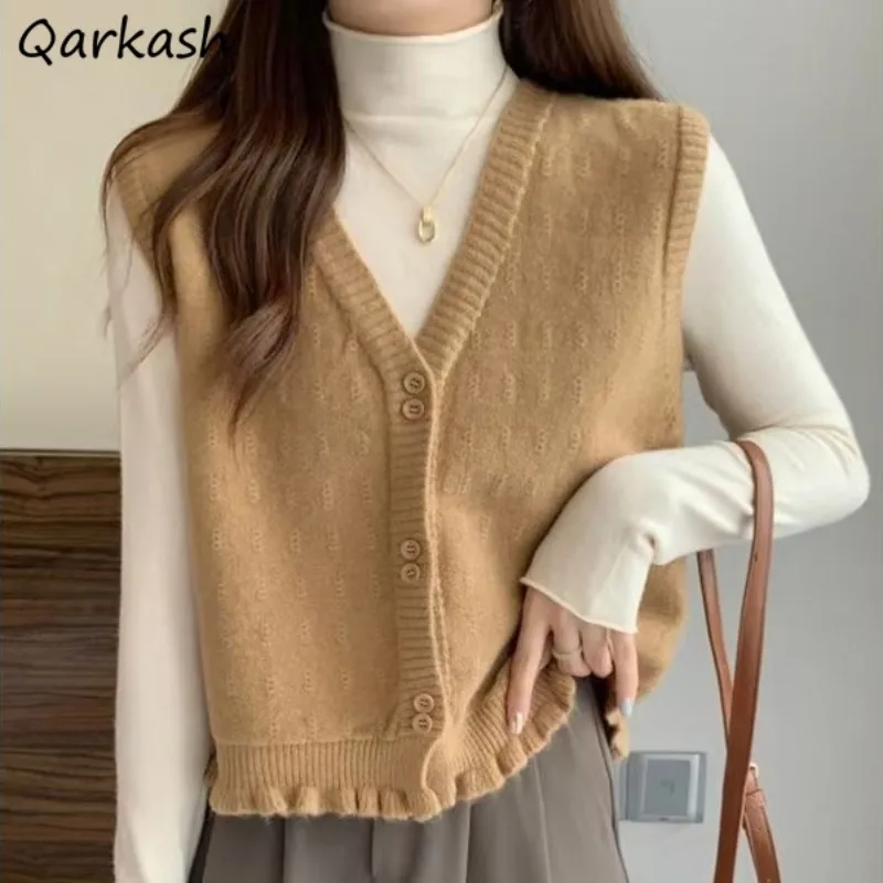 

Knitted Sweater Vests Women Design Ruched Solid Loose Sleeveless Short Outerwear Retro All-match Commuting Casual Spring Autumn