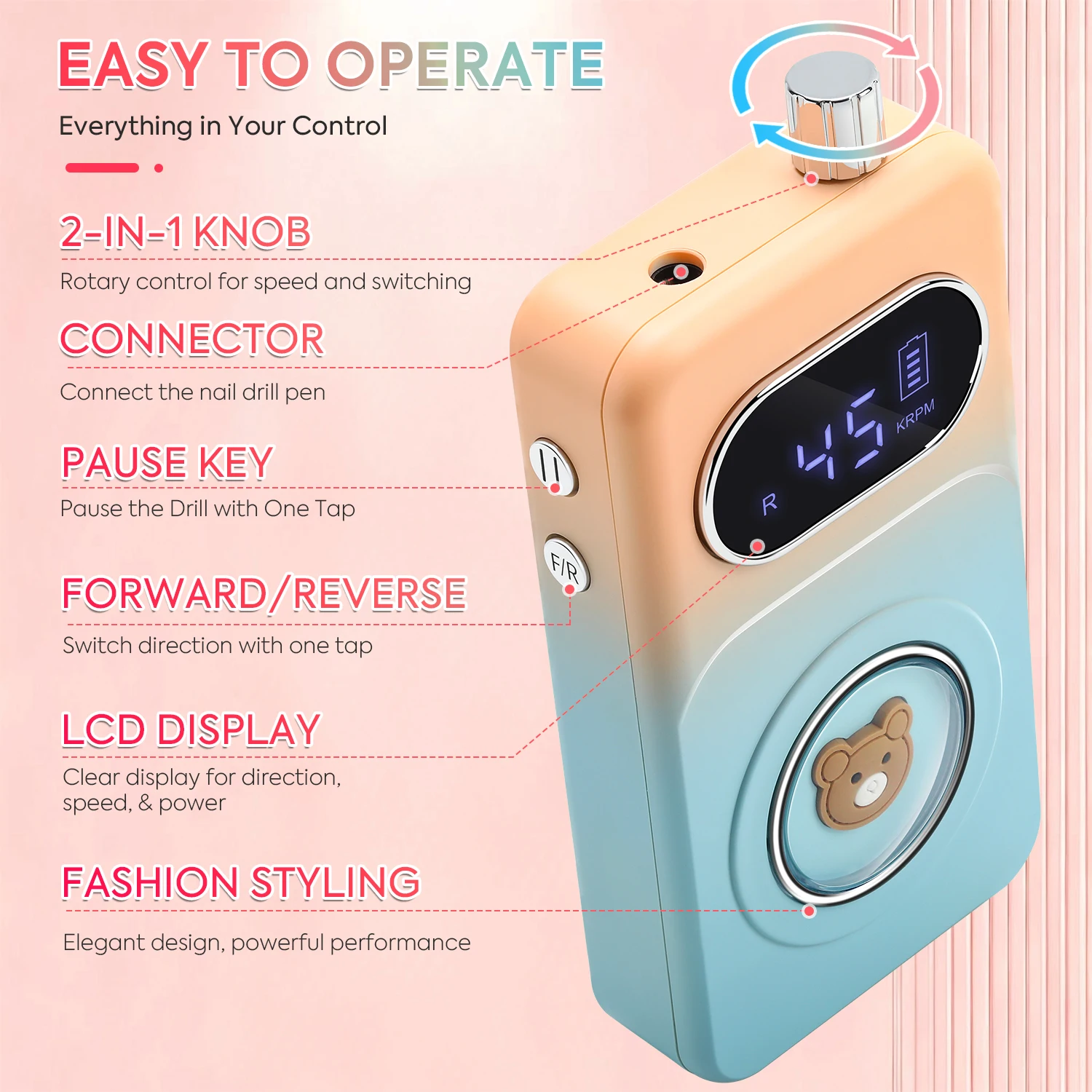 ماكينة حفر أظافر احترافية قابلة لإعادة الشحن 45000 دورة في الدقيقة للأظافر ملف كهربائي مع شاشة عالية الدقة قلم مانيكير معدني لصنفرة الأظافر #2