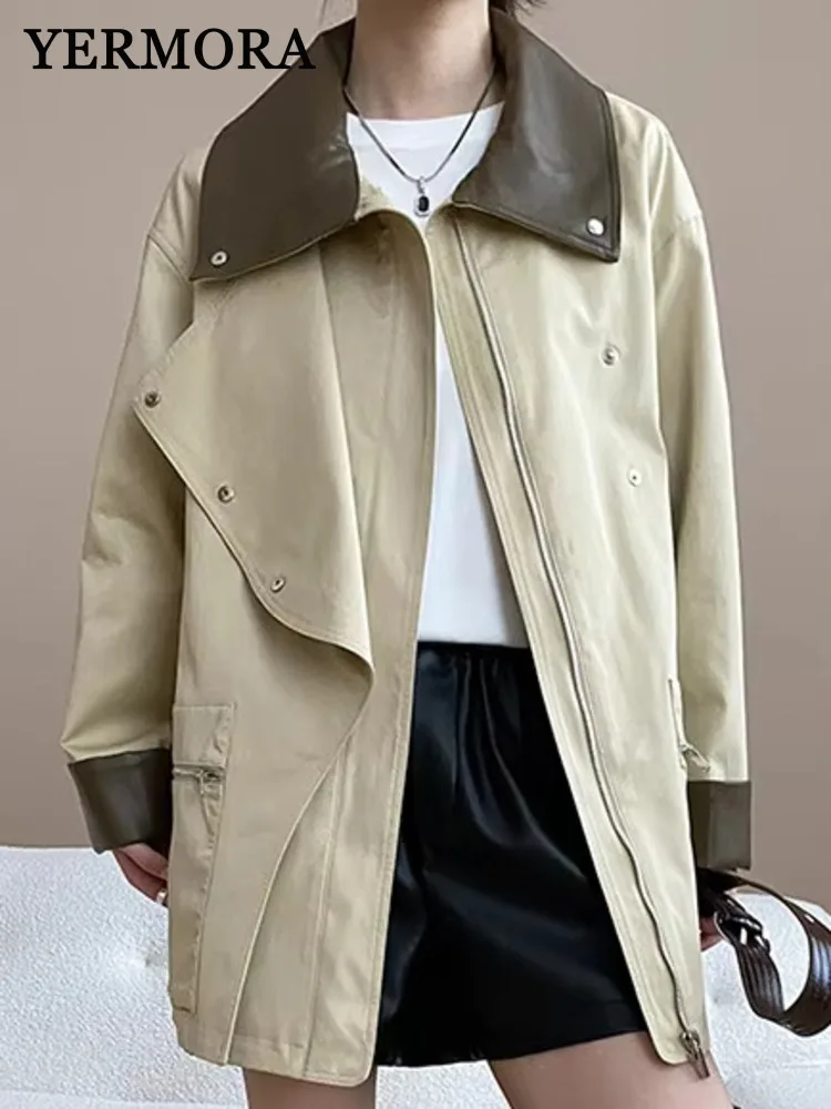 

YERMORA Khaki Asymmetrical Front Closure Belt Short Trench Lapel Long Sleeve Loose New Women's Windbreaker Fashion Spring Autumn