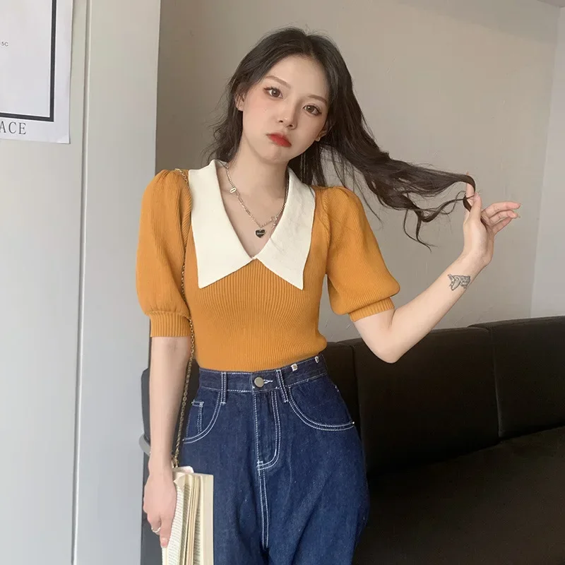 Vintage French Style Puff Sleeve Knit T-shirt Women\'s Niche Design Sensibility Cropped Top Summer Trendy Ice Silk Camisole