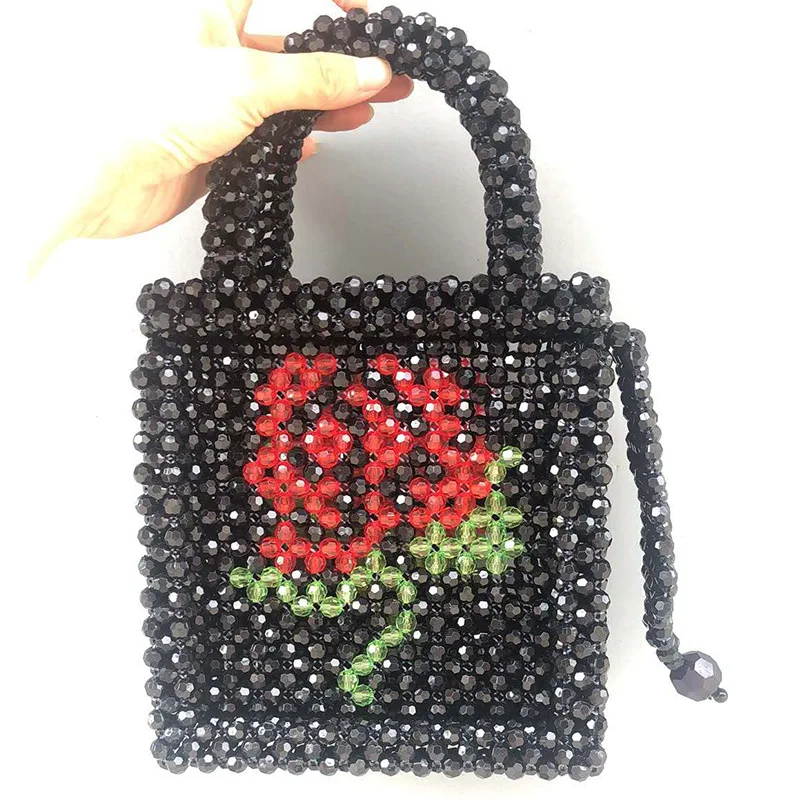 Ins Rose Beaded Handwoven Fashion Women's Bag New Transparent Multicolor Flower Design Handheld Bags Customized Valentine's Day