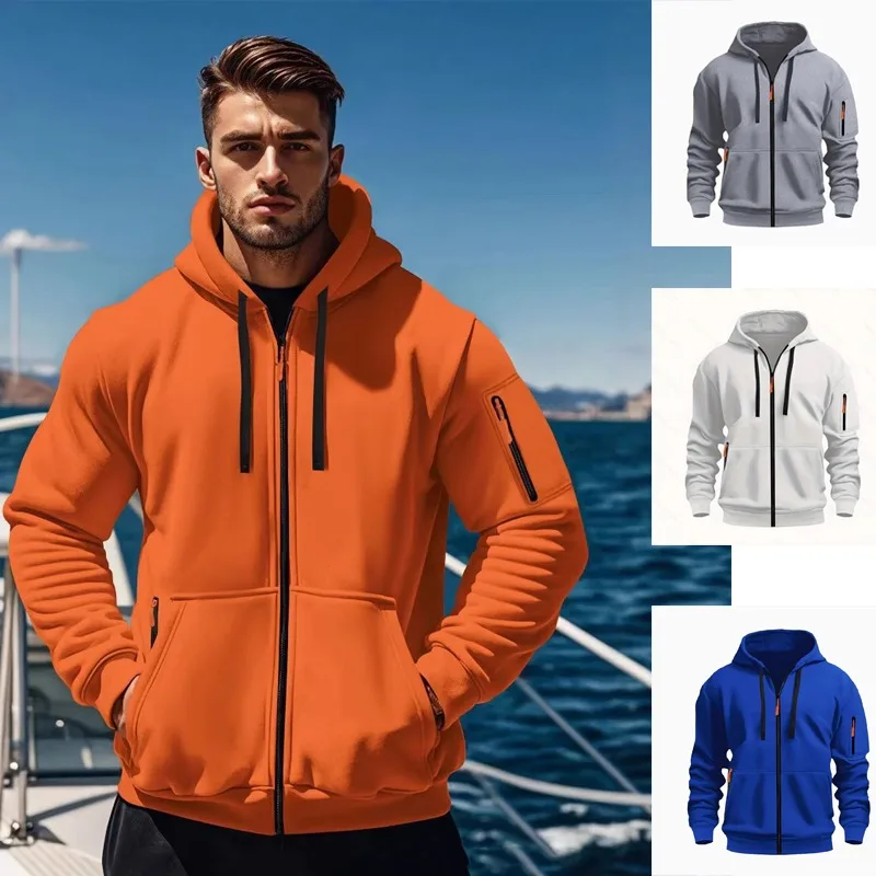 

2025 New Men's Zip Up Hooded Sweatshirt, Winter Thick Warm Fleece Lined Jacket with Stand Collar, Casual Outerwear