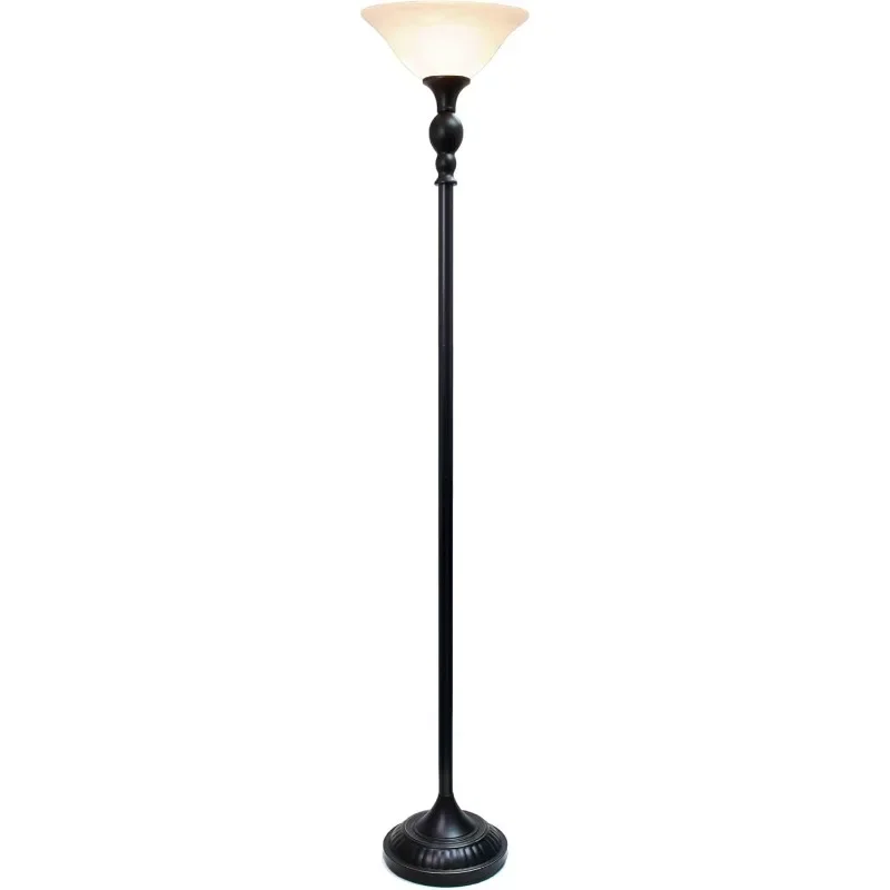 LF2001-RBW 1 Light Torchiere Floor Lamp with Marbelized White Glass Shade, Restoration Bronze and White