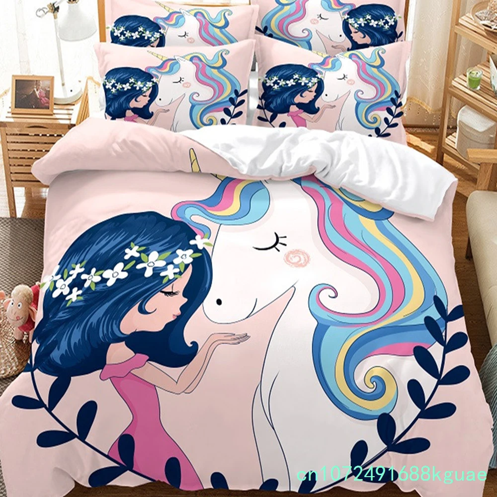 Girls Unicorn Flower Duvet Cover Cartoon Bedding Set Microfiber 3D Print Comforter Cover King Full For Kids Teen Bedroom Decor 4