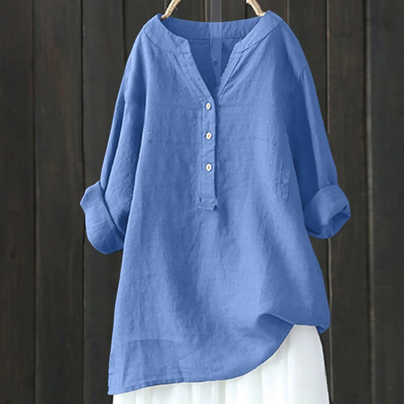 Cotton Linen Blouse Women\'s Shirt Solid Color Button V Neck Casual Loose Shirt Soft Autumn Spring Long Sleeved Baggy Tunic Tops