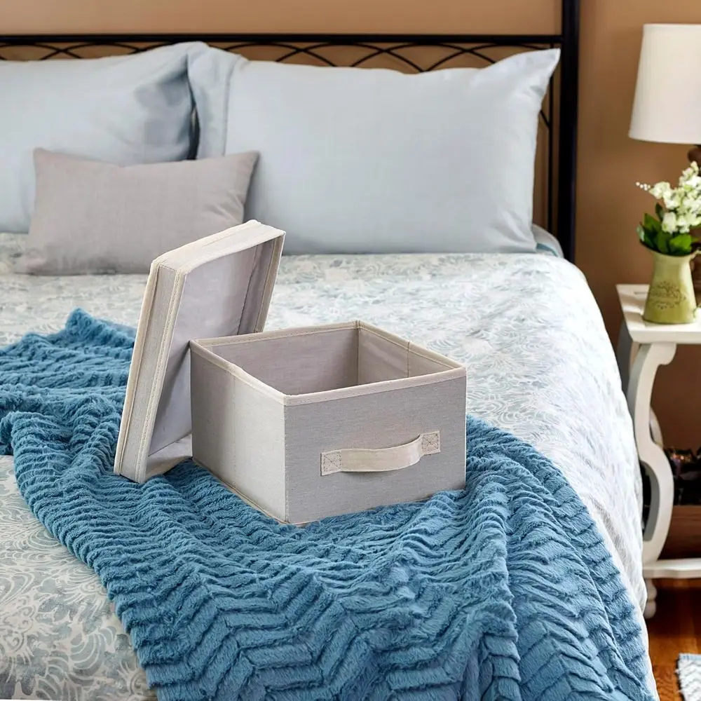 Medium Natural Beige Canvas Storage Box with Lid and Handle