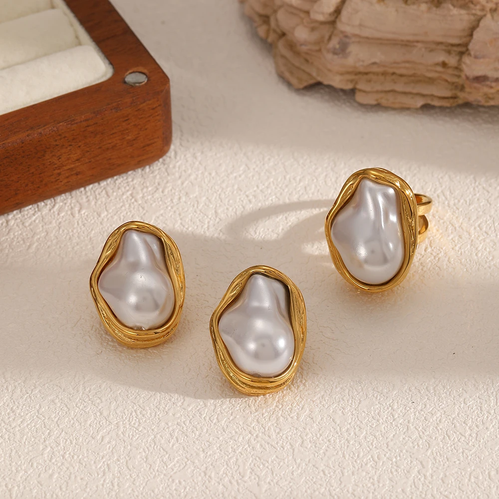 Minimalistische Edelstahl-Ohrringe mit unregelmäßigen großen Perlen, Schmucksets für Damen, trendiger Charm-Schmuck, Geschenke – Detail 1