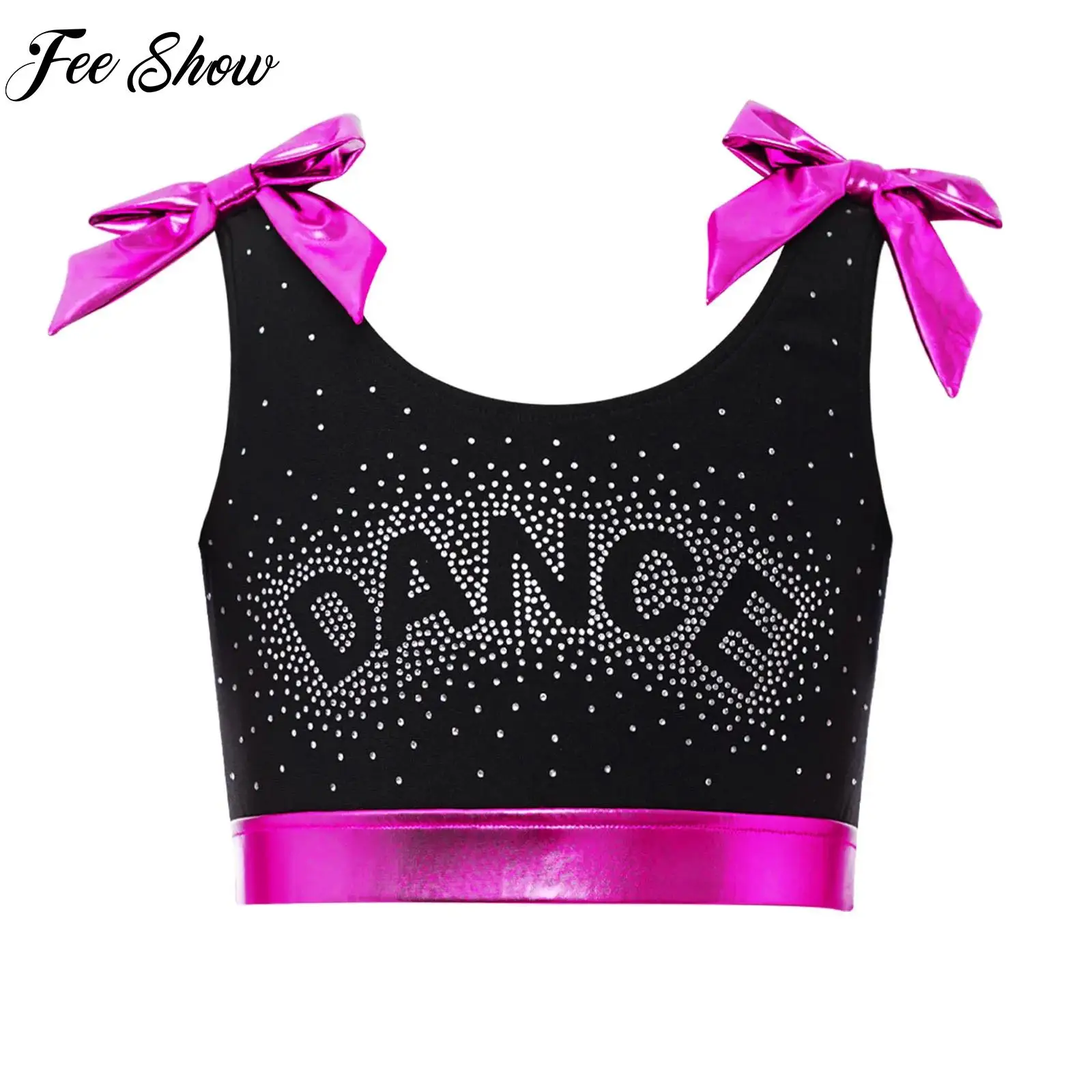 

Kids Girls Sleeveless Sports Vest Crisscross Back Metallic Bowknots Crop Top Children Gymnastics Dance Performance Dancewear