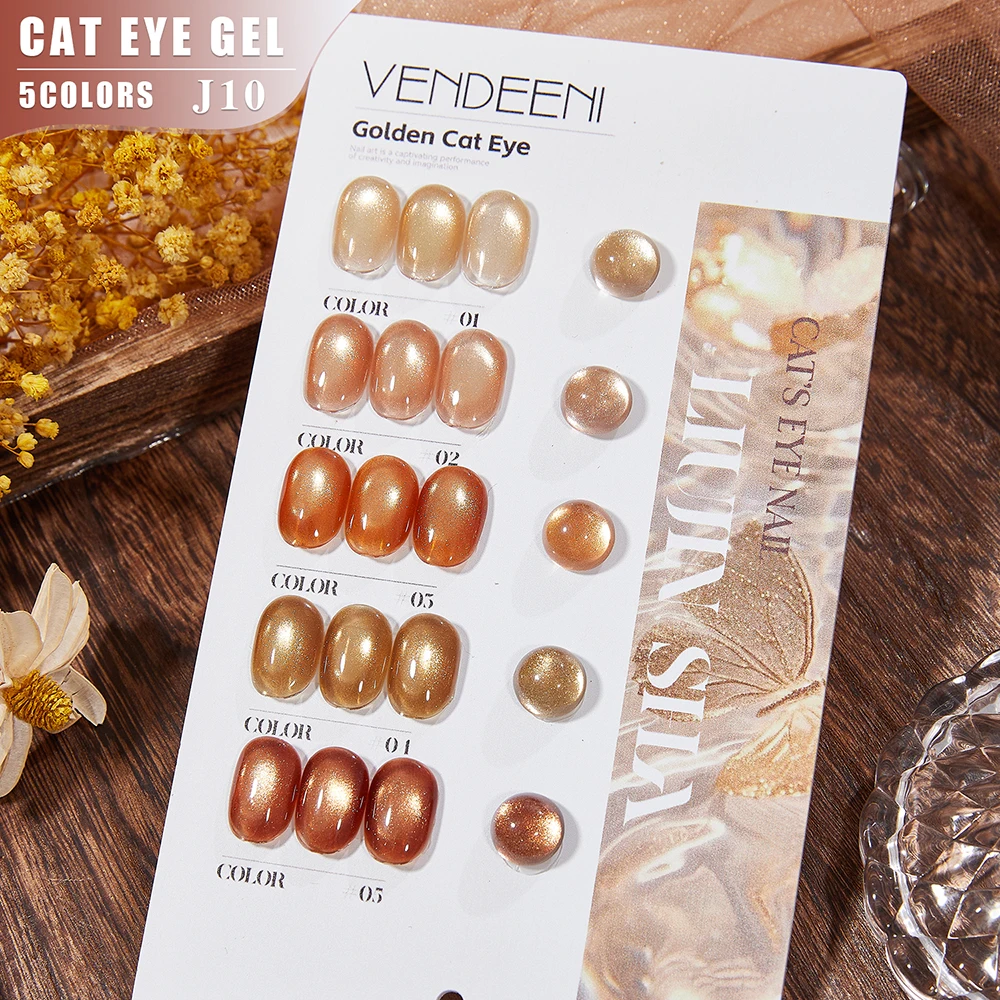 

Vendeeni 5 Colors/Set Golden Cat Eye Gel Nail Polish TPO HEMA FREE Glitter Crystal Magnetic UV Soak Off Gel Varnish With Display