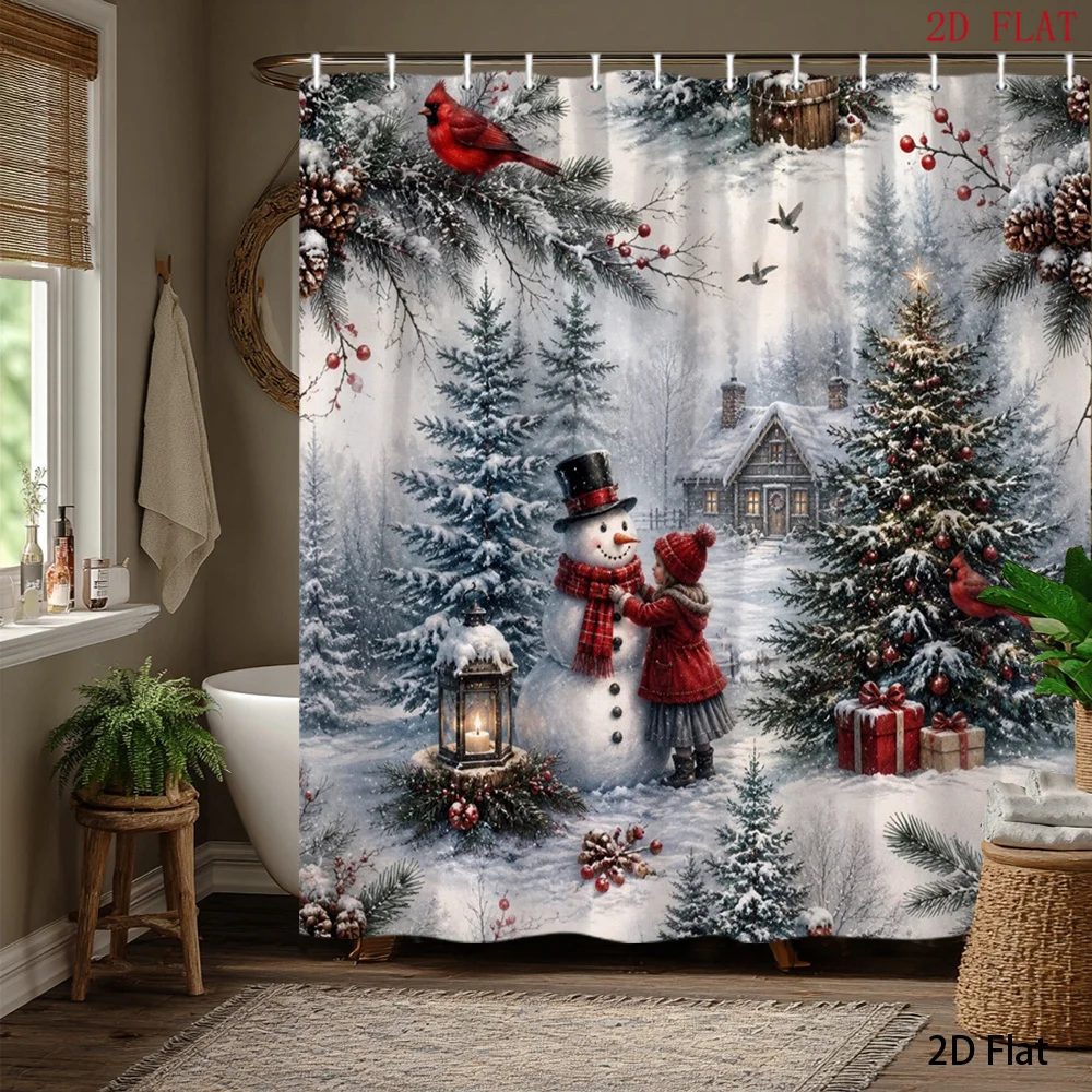 1pc Shower Curtain, Christmas Snowman & Cardinal Winter Holiday Scene, Cozy Seasonal Home Bathroom Decor