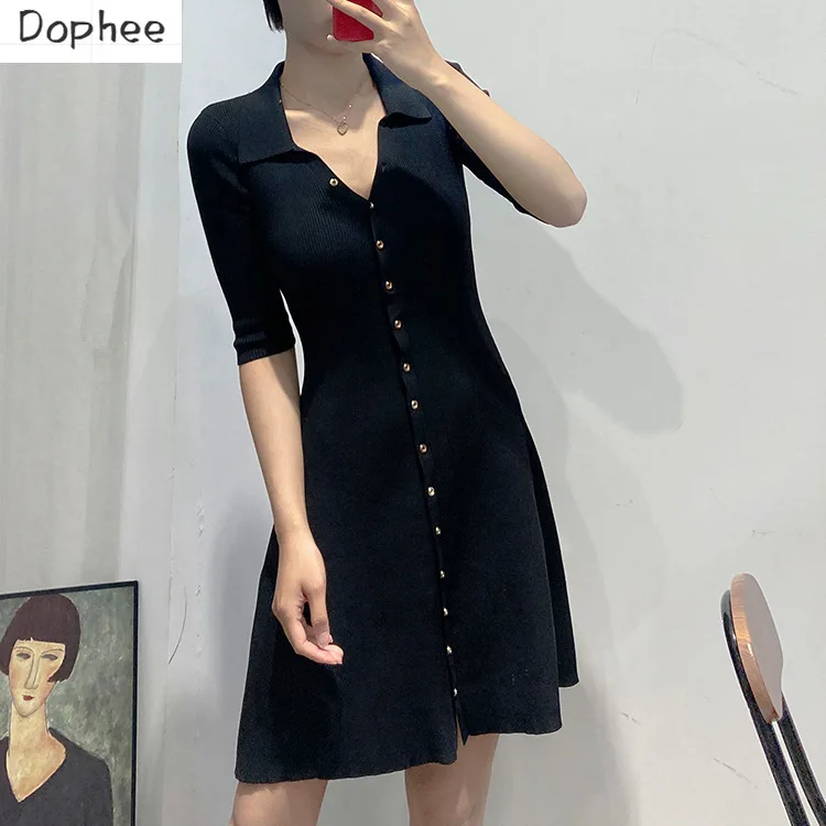 High Quality Summer Women Black Ice Silk Knitting Dress Elegant Turn-down Colllar Metal Single-breasted Half Sleeve Slim Dresses