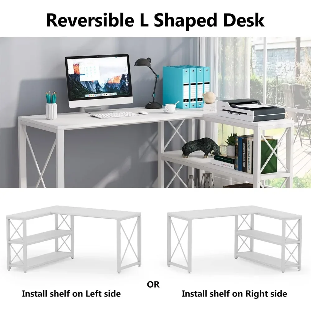 Standing Desk with Reversible Industrial L-Shaped, Corner Desk with Storage Shelves, Office Table