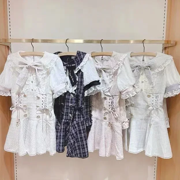 Japanese Style Lolita Sets 2023 Fall New Mine Mass-Produced Short Sleeve Mid-length Shirt and Plaid Tweed Shorts Two-Piece Suit