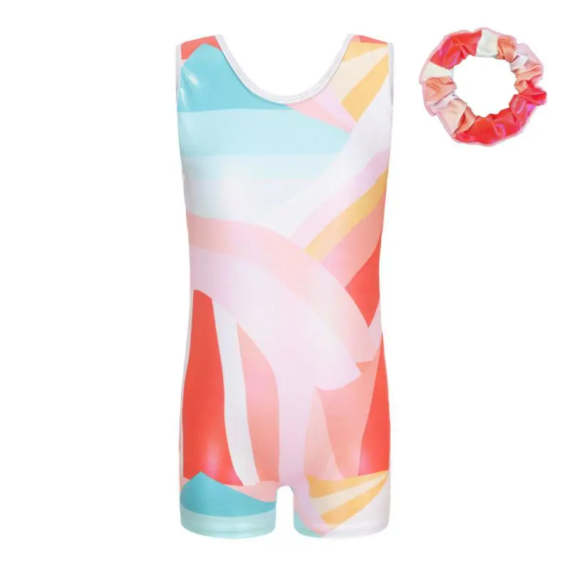 Children Girls Gymnastics Leotards Kids Dancewear 5-12 Years Sleeveless Tank Boxers Bodysuit Training Dancewear with Hairband